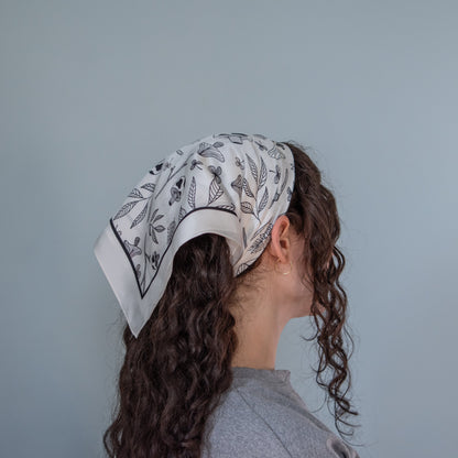 Mystical Mushroom 100% Mulberry Silk Scarf - White